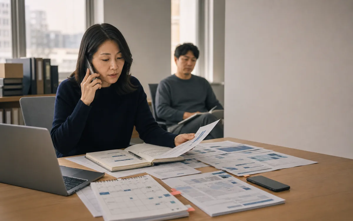 여러 일정표와 운영 자료를 확인하며 통화하는 기업 People Ops 담당자